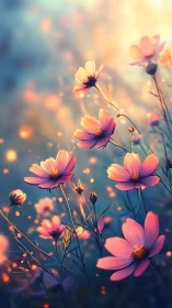 Cosmos flowers with bokeh background in diffused light.