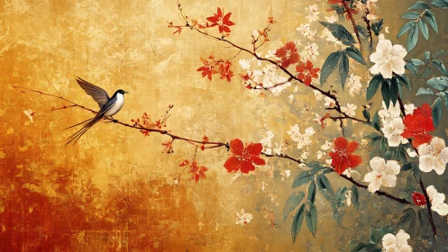 Songbird resting on spring blossoms against golden glow.