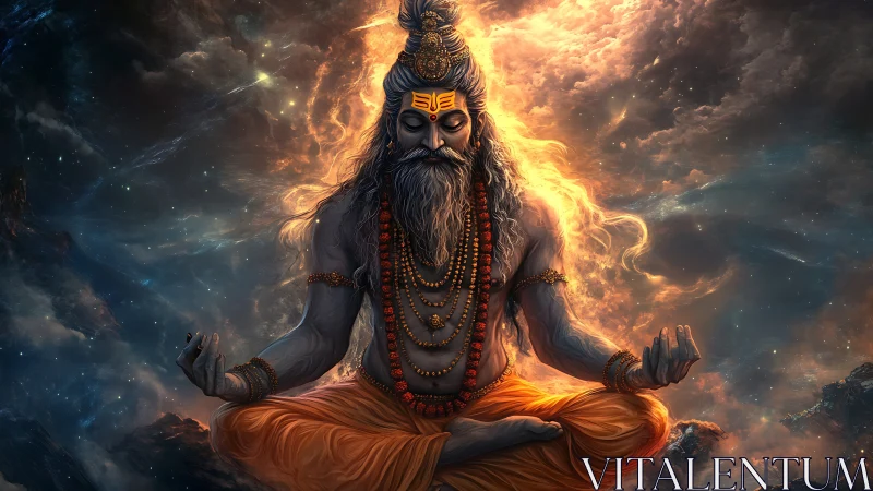 Cosmic yogi in fiery meditation amid swirling starlight.