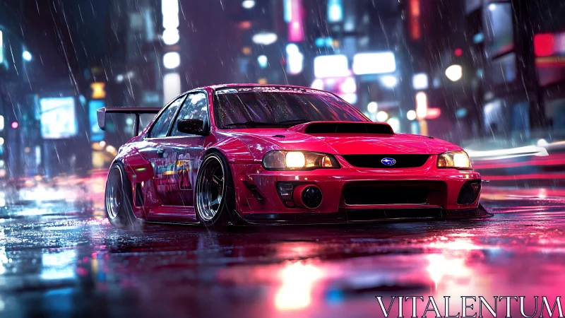 Neon-lit red tuner car drifting through cinematic rainy streets.
