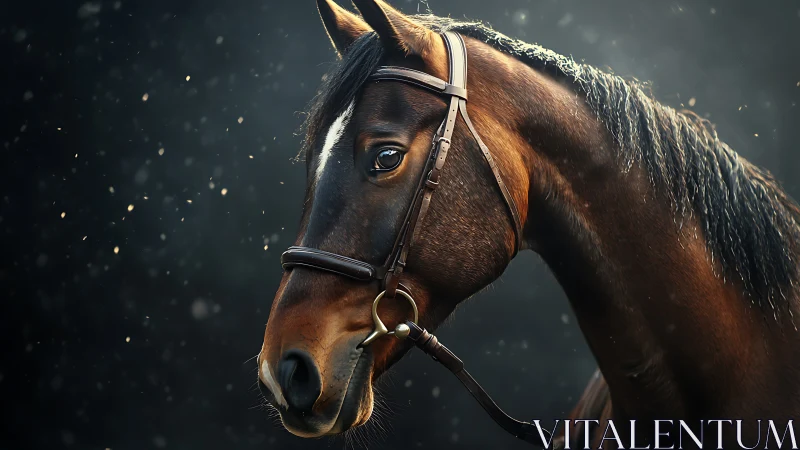 Bay horse in bridle under soft backlit falling dust.