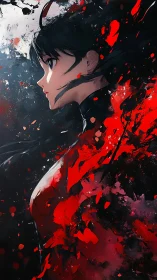 Anime profile portrait with explosive red abstract dispersion.