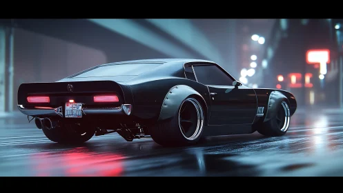 Sleek black muscle car parked on wet neon city street.