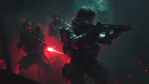 Tactical squad moves through neon-lit battle corridor.