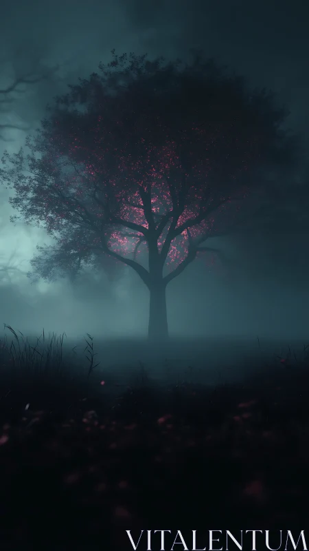 Enchanted lone tree glows softly within a misty forest night.