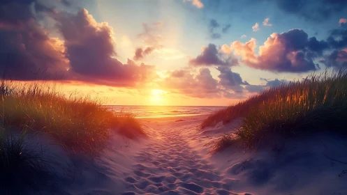 Sunlit dune pathway guides viewer toward radiant ocean horizon