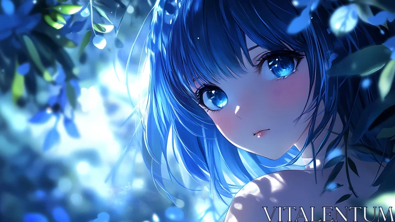 Moonlit blue‑haired girl amid glowing forest leaves.