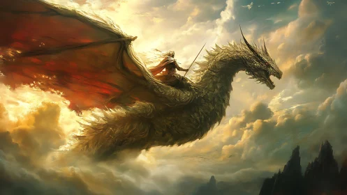 Skyborne dragon rider crossing blazing storm clouds.