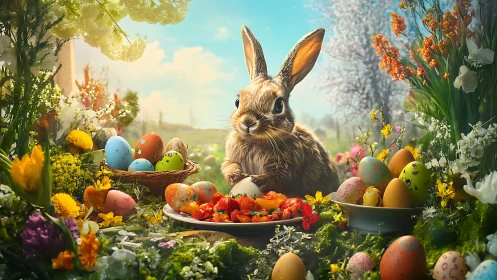 Easter rabbit sits amid vibrant painted eggs and flowers