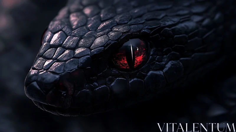 Close-up study of dark scaled serpent with red reflective eyes.