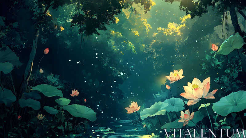 Gentle lotus blossoms glow softly in a magical forest pond
