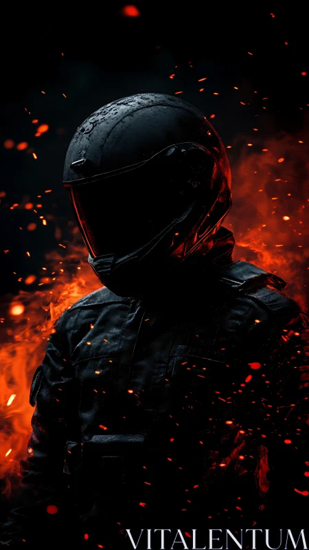 Firelit rider stands carved from shadow and drifting embers