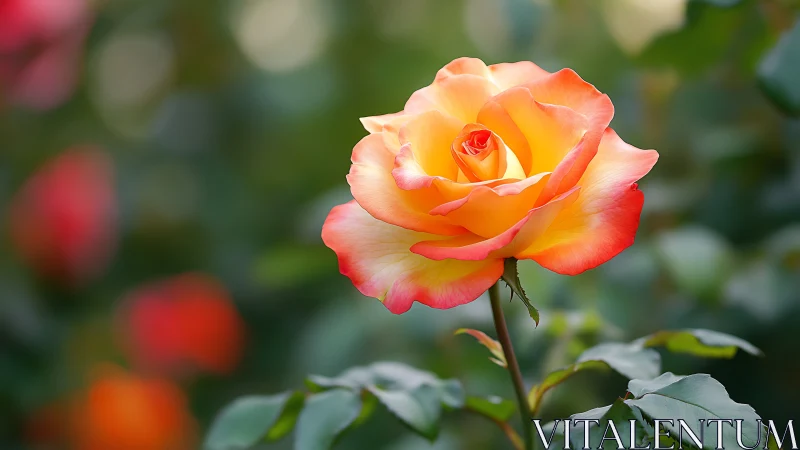Orange and pink hybrid rose with compound petals in natural garden setting.