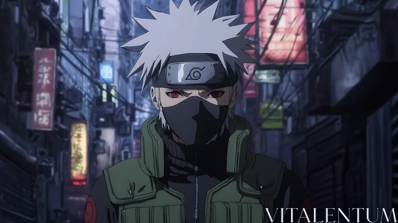 Masked silver haired ninja in neon lit urban alley at night
