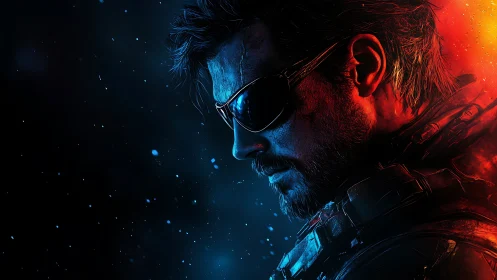 Shadow lit hero between blue calm and ember storm.