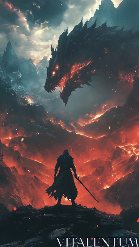 Silhouetted warrior confronts magma-lit dragon in volcanic ravine