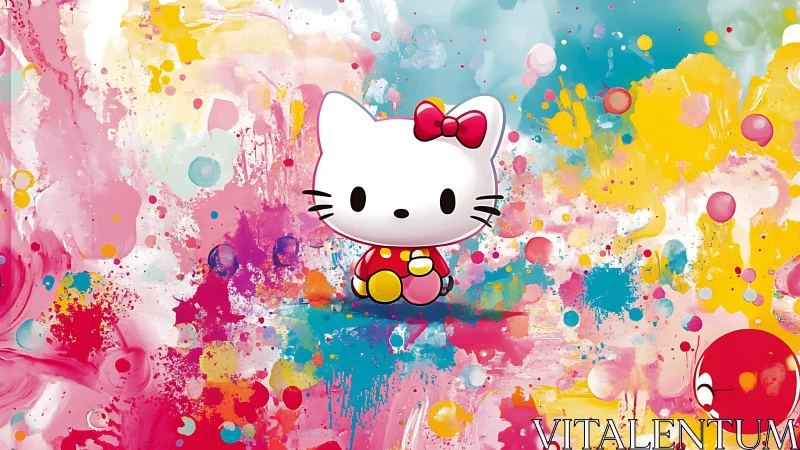 Vector-style white cat mascot on multicolor splatter gradient field