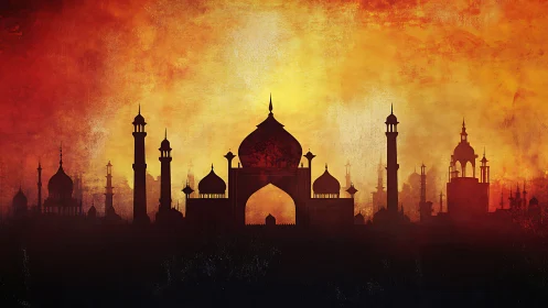 Silhouetted domes ignite against a blazing saffron sky.