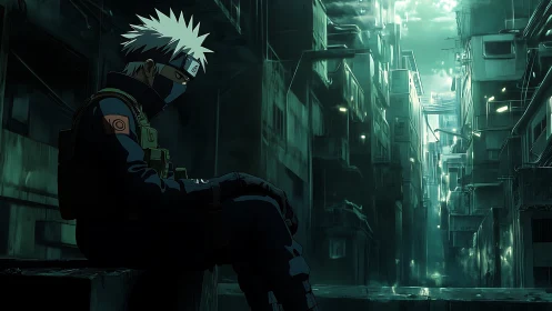 Solitary masked soldier in teal lit dystopian urban alleyway