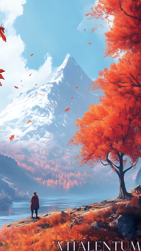 Solitary figure surveys snow peak beyond vivid orange valley