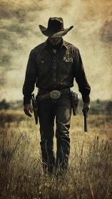 Dusty lone cowboy walks through sunlit prairie grassland.