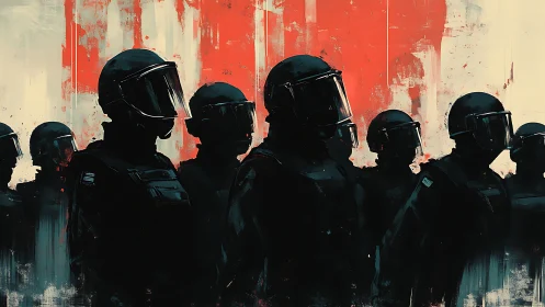 Armored riot police stand in formation before red backdrop