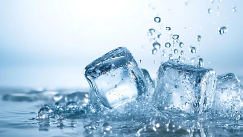 Ice cubes interact with splashing water in close-up view