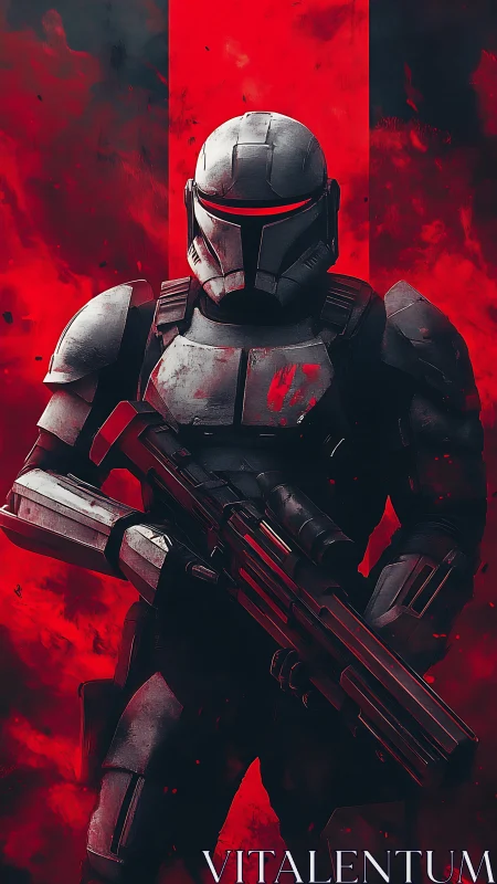 Armored sci fi soldier stands against vertical red column
