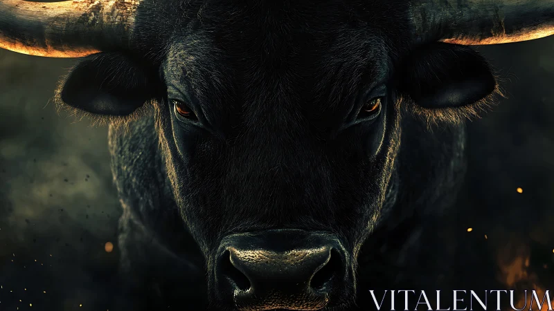 Powerful black bull stares forward through embers and shadow
