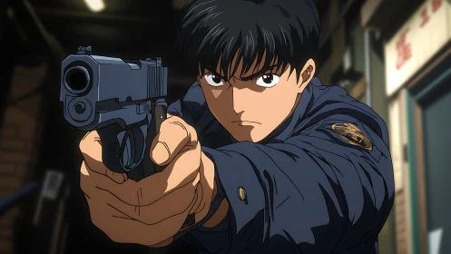 Anime officer aims handgun with intense frontal perspective