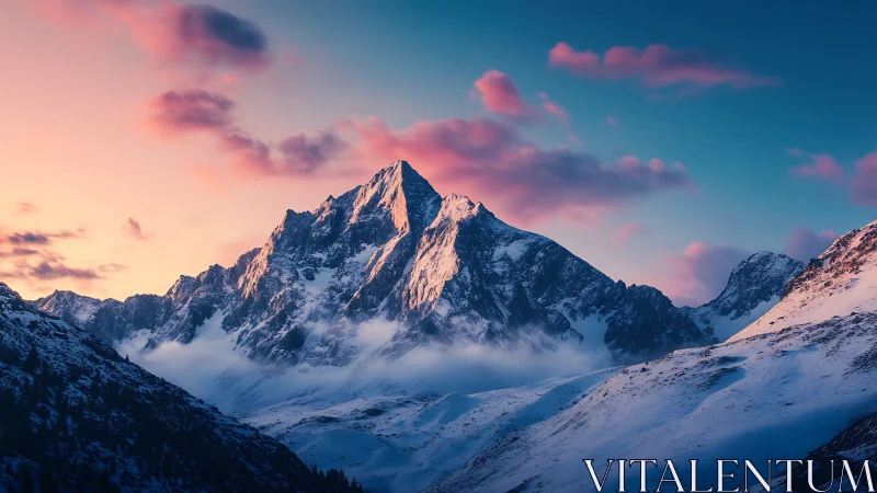 Snow-capped mountain ridge glows under vivid sunrise sky