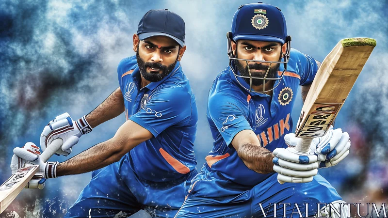 Dynamic cricket batsmen drive powerful shots in vivid blue arena