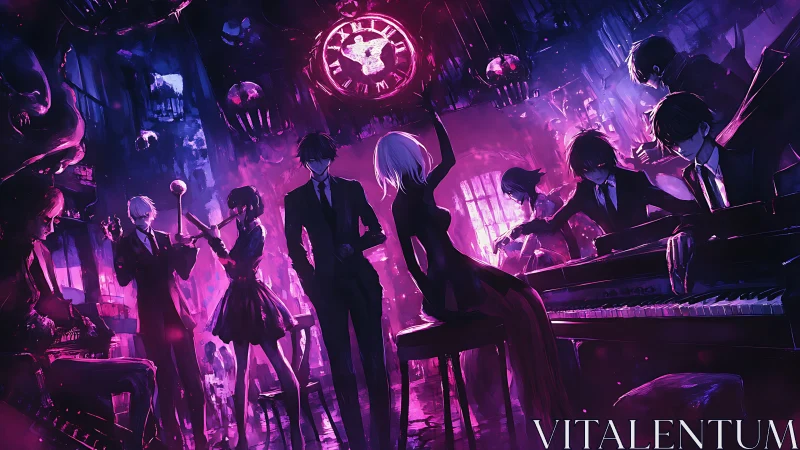 Neon-lit masked orchestra performs in a haunting clock hall.