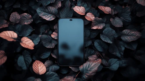 Smartphone on dusk foliage with moody photographic styling.