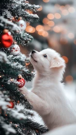Curious white puppy inspecting red baubles on snowy fir tree