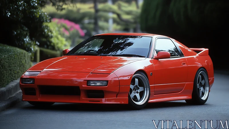 Low-slung red sports coupe gleams on a serene garden road
