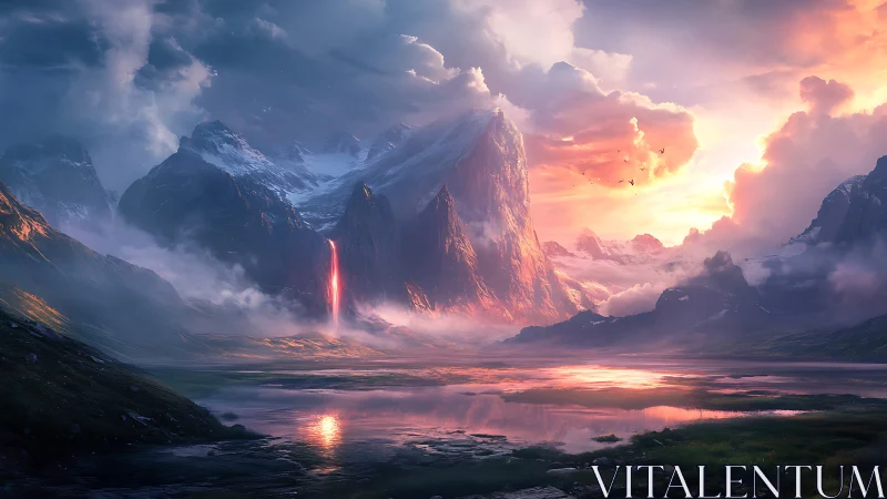 Mountain valley with glowing waterfall at dramatic sunset.
