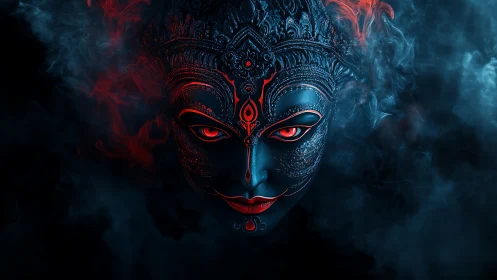 Divine blue mask with glowing red eyes in ritual smoke.
