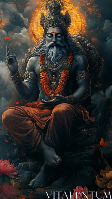 Seated blue-skinned deity with halo and garlands in clouds.