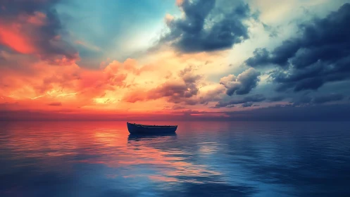 Lonely boat drifts under a blazing, dreamlike ocean sunset