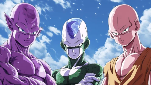 Three stylized humanoid figures under daylight sky backdrop.