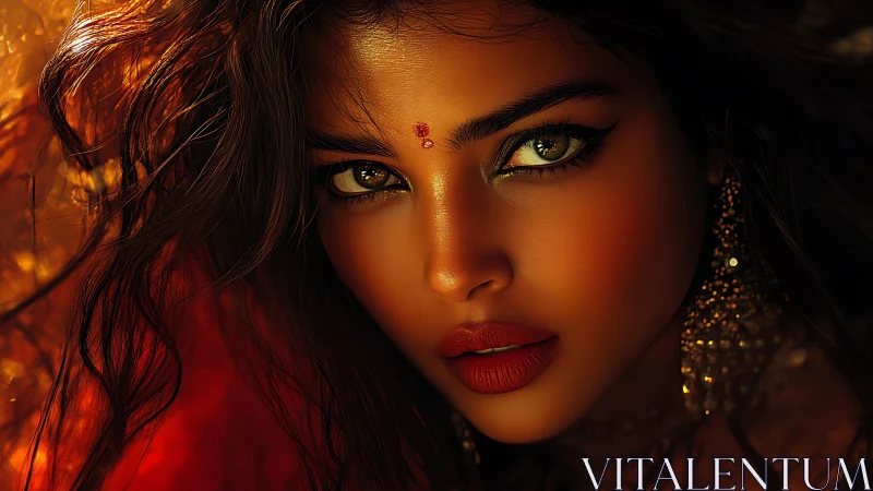 Golden gaze in ember light, a portrait alive with fire.