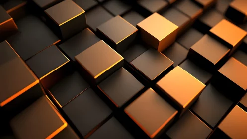 Geometric Metallic Cubes with Orange Glow in 3D Abstract Style.
