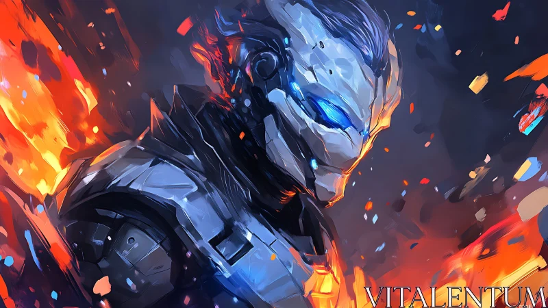 Armored cyber warrior amid blue light and rising flames.