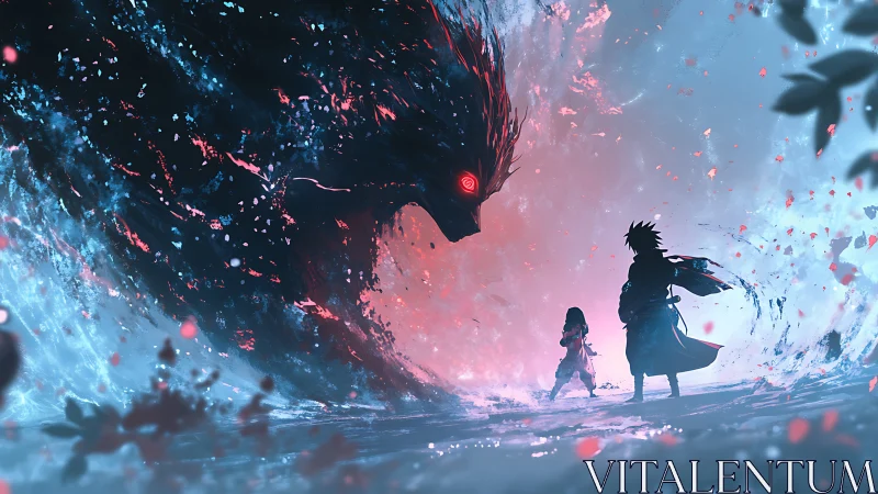 Silhouetted figures confront large spectral beast in swirl.