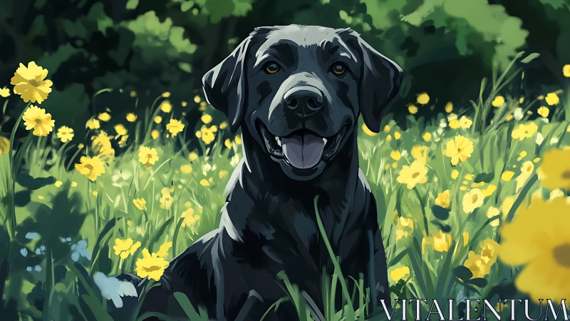 Black dog in yellow wildflower meadow under diffuse light.