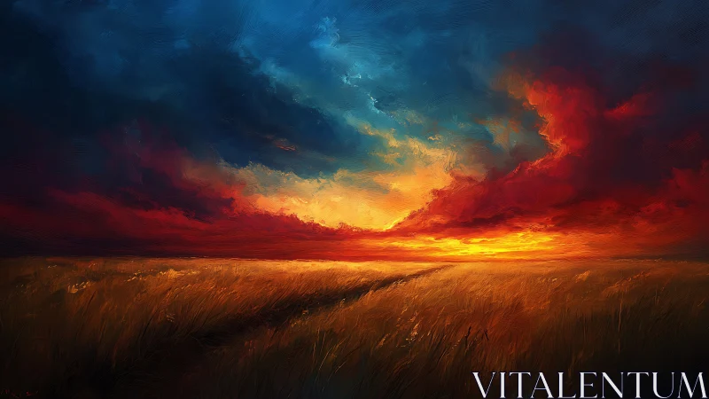 Digital painting of horizon field under vivid storm sunset.