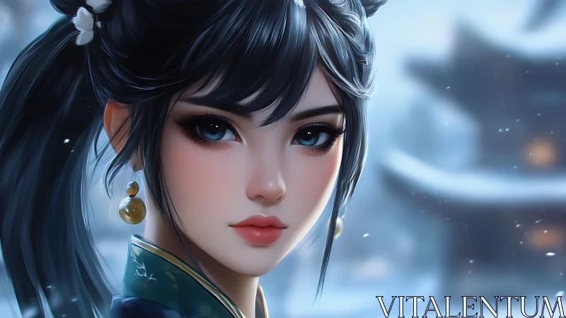 Snowlit gaze cuts through winter hush and lantern haze