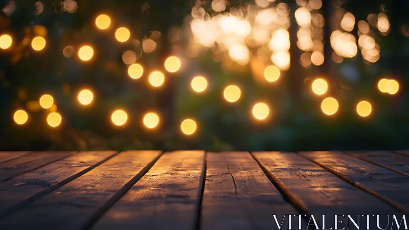 Twilight wooden table waits beneath drifting bokeh fireflies