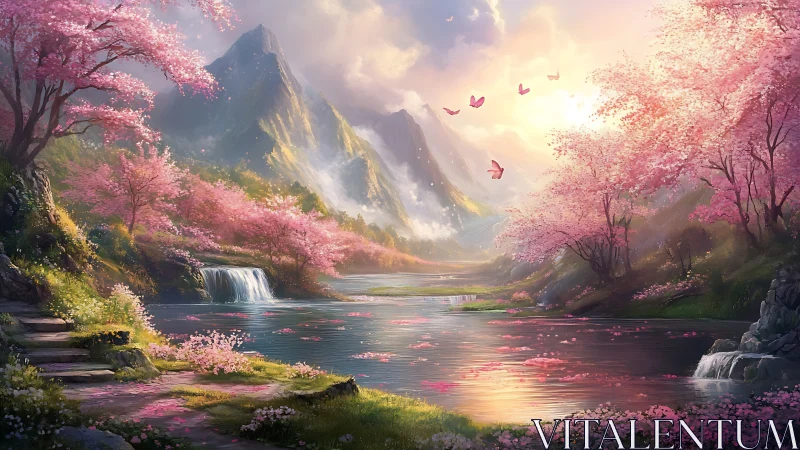 Whispering cherry valley and butterfly-kissed sunrise waters.